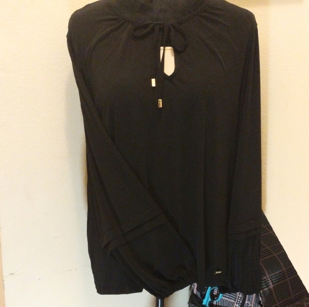 Ellen Tracy Black Relaxed Tie Front Blouse